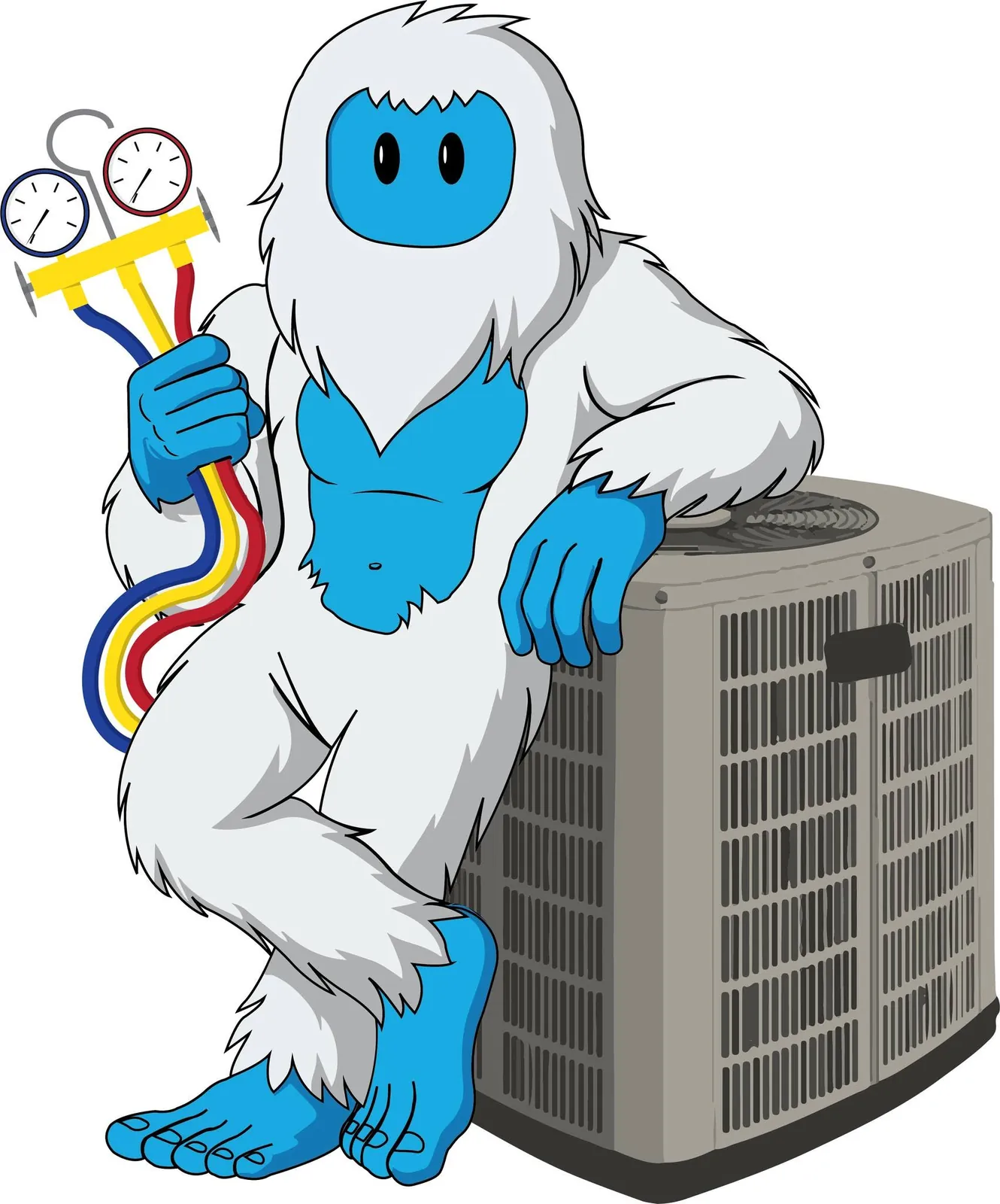 Yeti mascot holding gauge hoses and leaning on an outdoor condenser